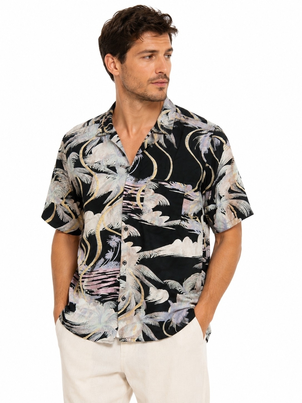 H&M Linen Blend  Black Multi Tropical Print Button-Down Shirt Mens M